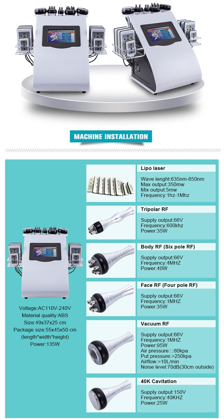 6 In 1 Machine- 40K Ultrasonic Cavitation - Vacuum - Radio Frequency -Laser Lipo Pads - UBodyContour