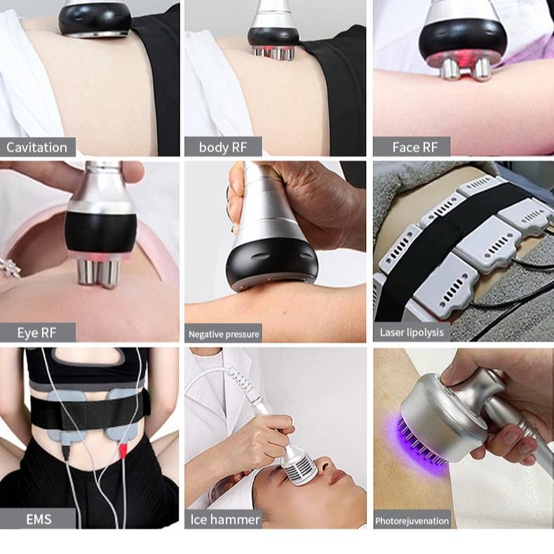 9 In 1 Machine- 40K Ultrasonic Cavitation - Vacuum - Radio Frequency -Laser Lipo Pads -EMS -Ice Hammer - UBodyContour